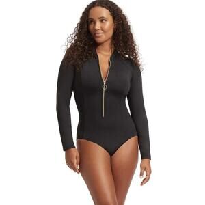 SEAFOLLY Women's Plain Zip Front Swim Surfsuit Size 8 Black Long Sleeve NWT